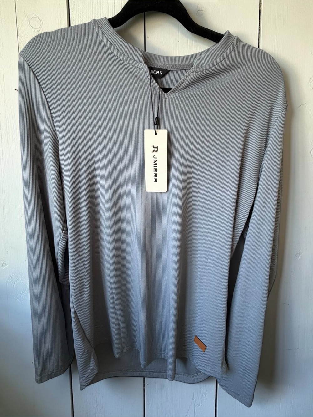 JMIERR Ribbed Long Sleeve Shirt Women’s M Gray Split Neck Stretch Top NWT